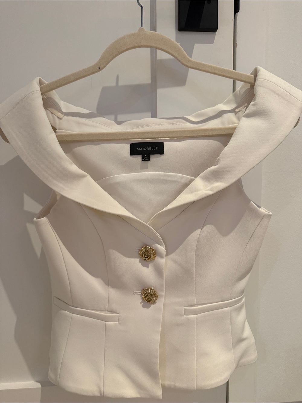 MAJORELLE SET Cream Strapless Peplum Top with Gold Buttons